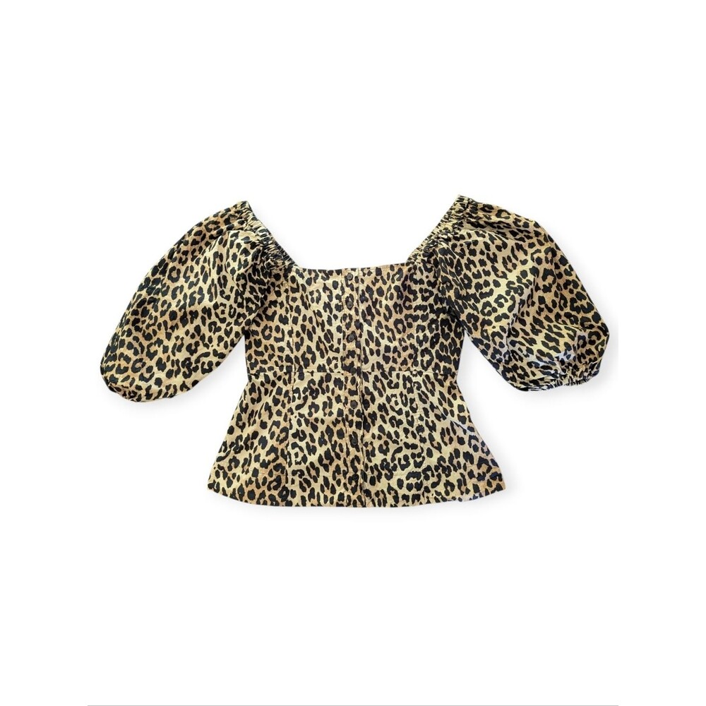Ganni Womens Leopard Print Puff Sleeve Square Neck Top Large
